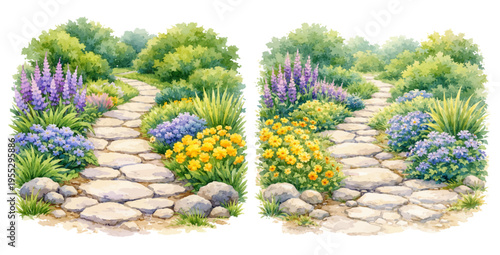 A beautiful collection of watercolor garden walking paths, featuring charming stone pathways surrounded by lush green foliage and colorful blooming flowers isolated on a transparent background.
