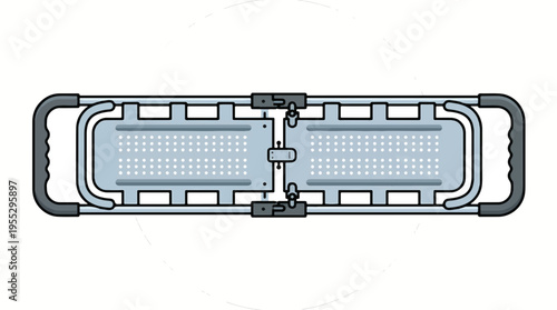 An overhead view of a medical stretcher, designed for patient transport, featuring foldable handles and a segmented body.
