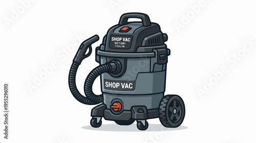 Cartoon illustration of a gray and black wet/dry shop vac with a hose, nozzle, and wheels.