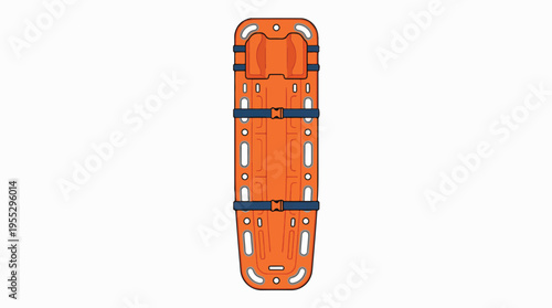 An orange rescue stretcher with blue straps, featuring a padded headrest and a perforated design for drainage and weight reduction.