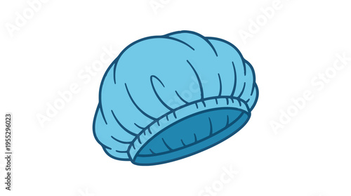 A simple, cartoon-style illustration of a light blue disposable hair cap with an elastic band around the rim.