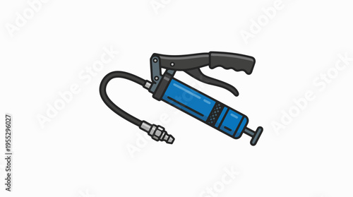 A cartoon illustration of a blue and black grease gun with a trigger handle, flexible hose, and plunger, set against a white background.