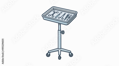 A medical tray with instruments on a rolling stand.