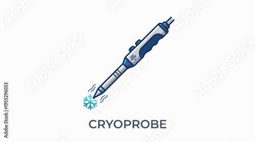 An illustration of a cryoprobe, a medical device with a blue and grey handle and a metallic tip, emitting a snowflake icon to represent freezing. The text 'CRYOPROBE' is below.