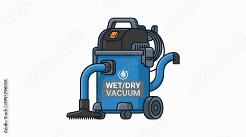 Cartoon illustration of a blue and black wet/dry shop vacuum cleaner on wheels, featuring a hose, brush attachment, and a 'WET/DRY VACUUM' label, against a white background.