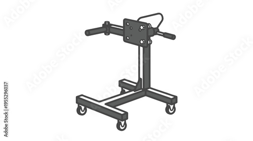 A black and white line drawing of a mobile engine stand, featuring a wheeled base, adjustable frame, and mounting plate.