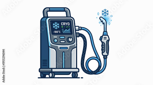 A cryotherapy machine with a digital display, hose, and a wand emitting a frosty vapor.