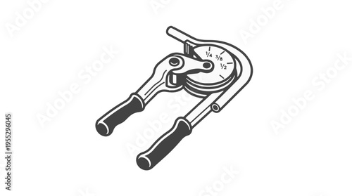 A pipe bender tool with rubber grips and a wheel marked with fractional measurements, used for shaping metal pipes.