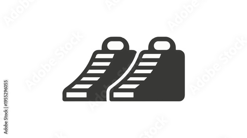 Icon of two grey trapezoidal shapes with horizontal lines, resembling shoes or blocks.