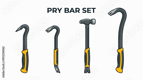 Four pry bars and a hammer are displayed against a white background with the text PRY BAR SET above.