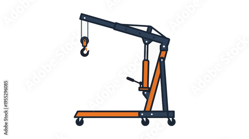 A flat, simple illustration of a blue and orange engine hoist or shop crane on a white background, featuring a boom, hydraulic cylinder, hook, and caster wheels.