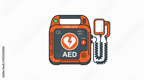 An illustration of an Automated External Defibrillator (AED) with its electrode pads, ready for use in an emergency.
