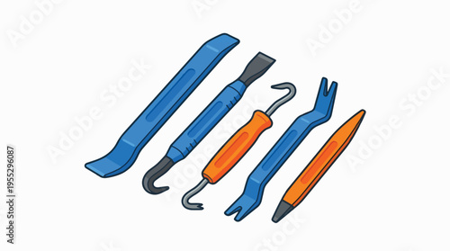 Five assorted pry tools in blue and orange, designed for various disassembly and repair tasks.