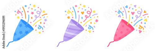 Set of party poppers bursting with confetti and streamers. Decorative festive elements isolated on white background. Celebration concept for birthday, holiday, event design, greeting card, invitation