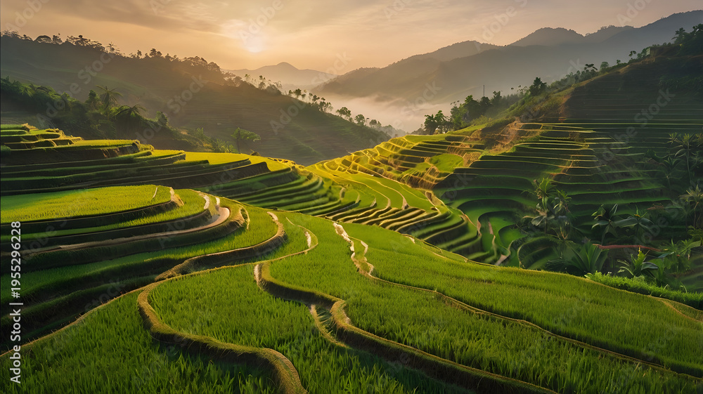 Fototapeta premium Golden Terraced Rice Fields in Mountain Valley