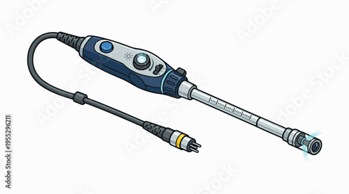 A detailed illustration of a blue and grey inspection scope, featuring a handle with controls, a long metallic probe with a light and lens at the tip, and a black cable with a connector.