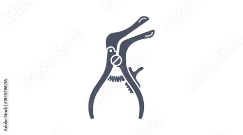 A dark grey icon of a medical speculum against a white background. The instrument features two curved blades, a hinge, and a locking mechanism.