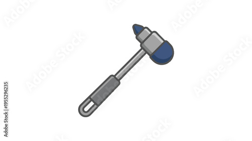 A cartoon-style illustration of a medical reflex hammer with a gray handle and a blue-headed rubber end, used for neurological examinations.