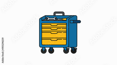 Blue mobile toolbox with yellow drawers, handle, and wheels. A wrench and screwdriver are visible on top. Flat design illustration.