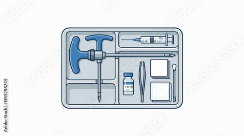 An illustration of a medical tray containing a bone marrow biopsy needle, syringe, forceps, gauze, swabs, and a Lidocaine vial. The setup suggests a medical diagnostic procedure.