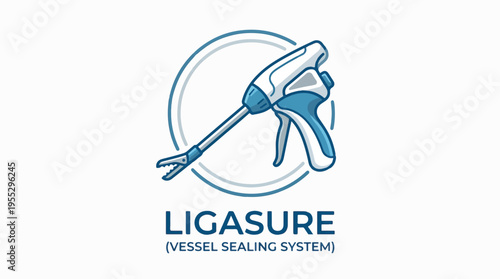 Illustration of a LigaSure vessel sealing system surgical instrument with a handle and clamping jaws, against a white background with product name text.