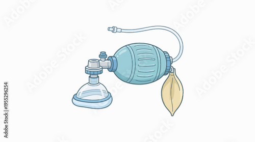 An illustration of a light blue manual resuscitator, commonly known as an Ambu bag or BVM, featuring a clear face mask and an attached reservoir bag.
