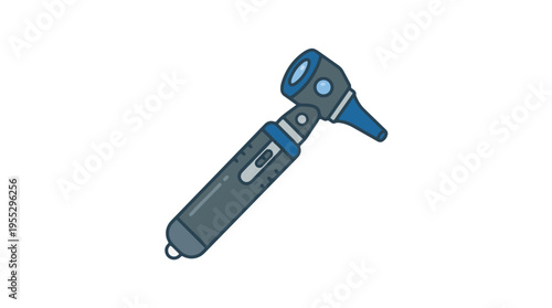 A blue and gray otoscope, a medical device used to examine the ear, is depicted in a simple illustration with a white background.