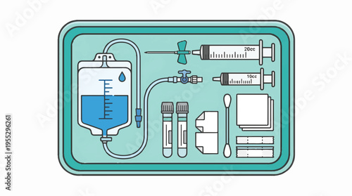 A blue and green flat illustration of medical equipment including an IV bag, syringes, needles, blood tubes, cotton swabs, and bandages neatly arranged on a tray.