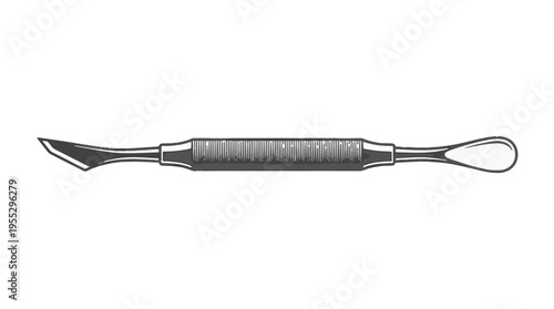 A metallic dental instrument with a sharp, angled blade on one end and a loop-shaped tool on the other, designed for oral care.