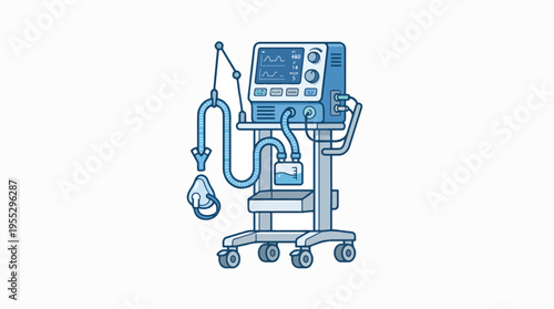 A cartoon illustration of a medical ventilator on a stand, with tubes and a mask.
