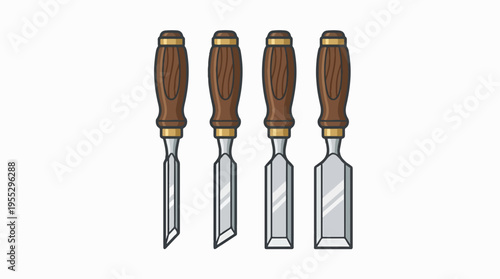A set of four wooden-handled chisels, each with a different blade shape, on a white background.