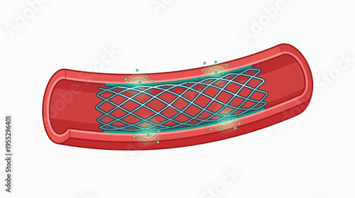 Medical illustration depicting a drug-eluting stent (DES) placed inside a red blood vessel, with glowing green areas indicating therapeutic substance release or interaction.