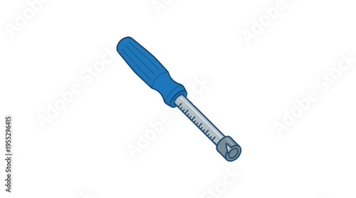 An illustration of a blue-handled tool with a graduated shaft and an open-ended hex tip, resembling a torque screwdriver or nut driver.