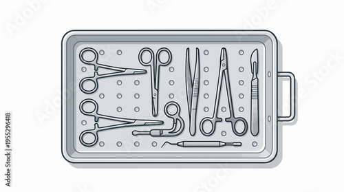 Outline illustration of a surgical instrument set, including scissors, forceps, scalpel, and clamps, neatly arranged in a perforated metal tray.