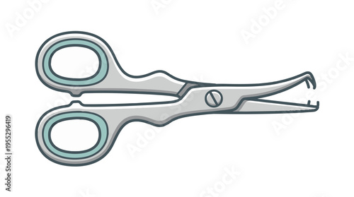 An illustration of silver baby nail scissors with rounded safety tips and light blue finger holes, shown slightly open.