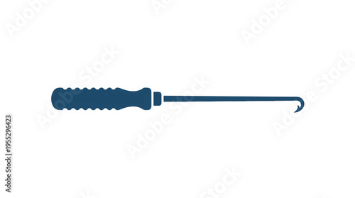 A blue silhouette icon of a tool featuring a textured handle and a long shaft terminating in a sharp, inward-curving hook. Often used for picking, pulling, or retrieving small objects.