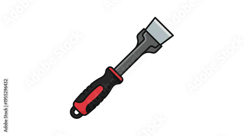 An illustration of a wood chisel or scraper tool. It features a grey metal blade, dark grey shaft, and a black handle with red grip accents.