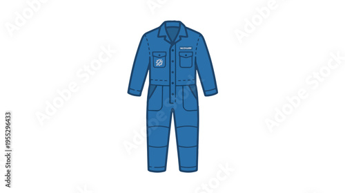 A flat illustration of a blue worker's jumpsuit or coverall with long sleeves, a collar, multiple pockets, and distinct logos on the arm and chest.