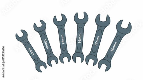 A fanned out set of six grey open-end wrenches, labeled with metric sizes: 8mm, 10mm, 12mm, 14mm, 17mm, and 19mm.
