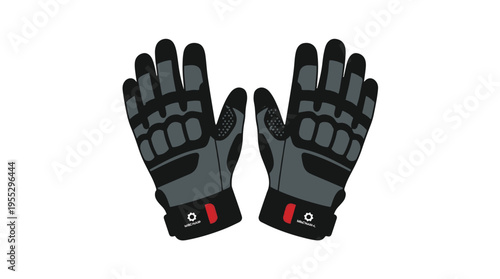 A pair of dark grey and black work gloves, featuring reinforced knuckles and palms with red accents, suitable for mechanics or tactical operations, on a white background.