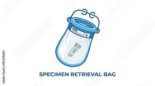 Cartoon illustration of a medical specimen retrieval bag with a blue top and handle. Inside, a bomb is humorously labeled as a 'SPECIMEN,' alongside a biohazard symbol.