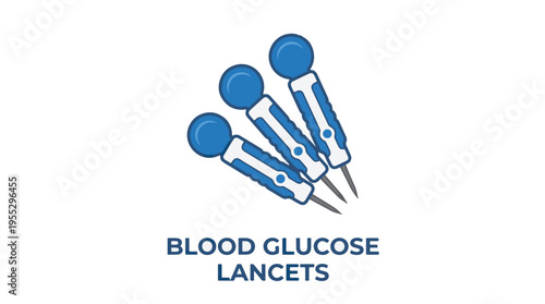Three blue and white blood glucose lancets with exposed needles, illustrating tools for diabetes testing and health monitoring.