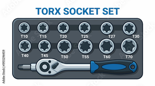 An illustration of a Torx socket set in a dark tray, featuring various sizes from T10 to T70, and a ratchet wrench. Ideal for automotive or general repair tasks.
