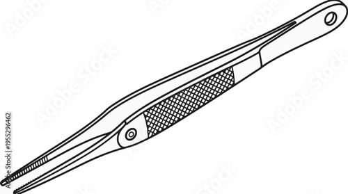 A black and white line drawing of self-locking cross-action tweezers with knurled grips and fine, serrated tips, angled for a close-up view.