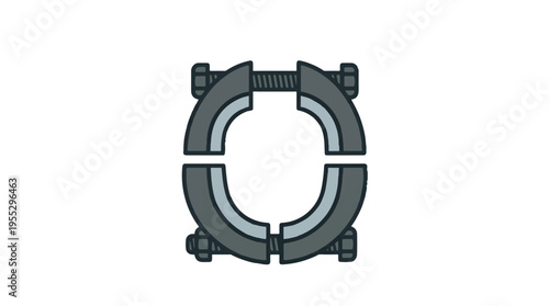 Illustration of an open, four-segment pipe clamp or coupling, detailed with bolts and nuts. It's designed for securing pipes or shafts.