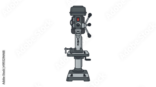 A cartoonish illustration of a grey and black drill press on a white background. It features a base, column, adjustable table, and head with a chuck and feed handles.