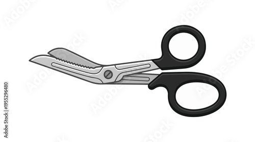 An isolated vector illustration of a pair of medical trauma shears featuring black handles and a serrated blunt-tip blade on a white background.
