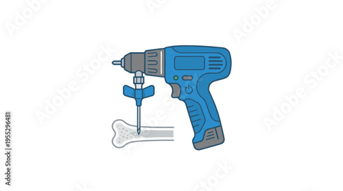 A blue power drill-like device with a needle penetrating a stylized bone, representing intraosseous (IO) access for rapid medical fluid and medication delivery.