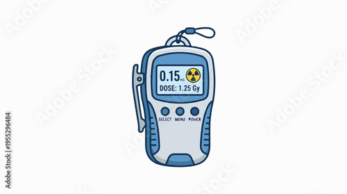 A digital personal radiation dosimeter in blue and white, displaying radiation levels (0.15 mSv) and accumulated dose (1.25 Gy) with a visible radiation symbol.