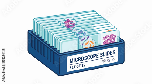 Illustration of a blue storage box holding a set of 12 microscope slides, some displaying colorful cells and microorganisms, on a white background.